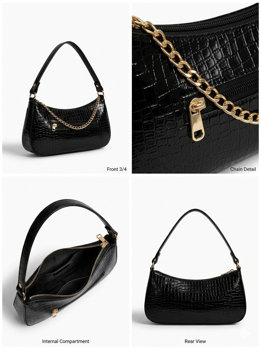 VL Nyxara Luxury Baguette Handbag | Premium Black Croc Shoulder Bag