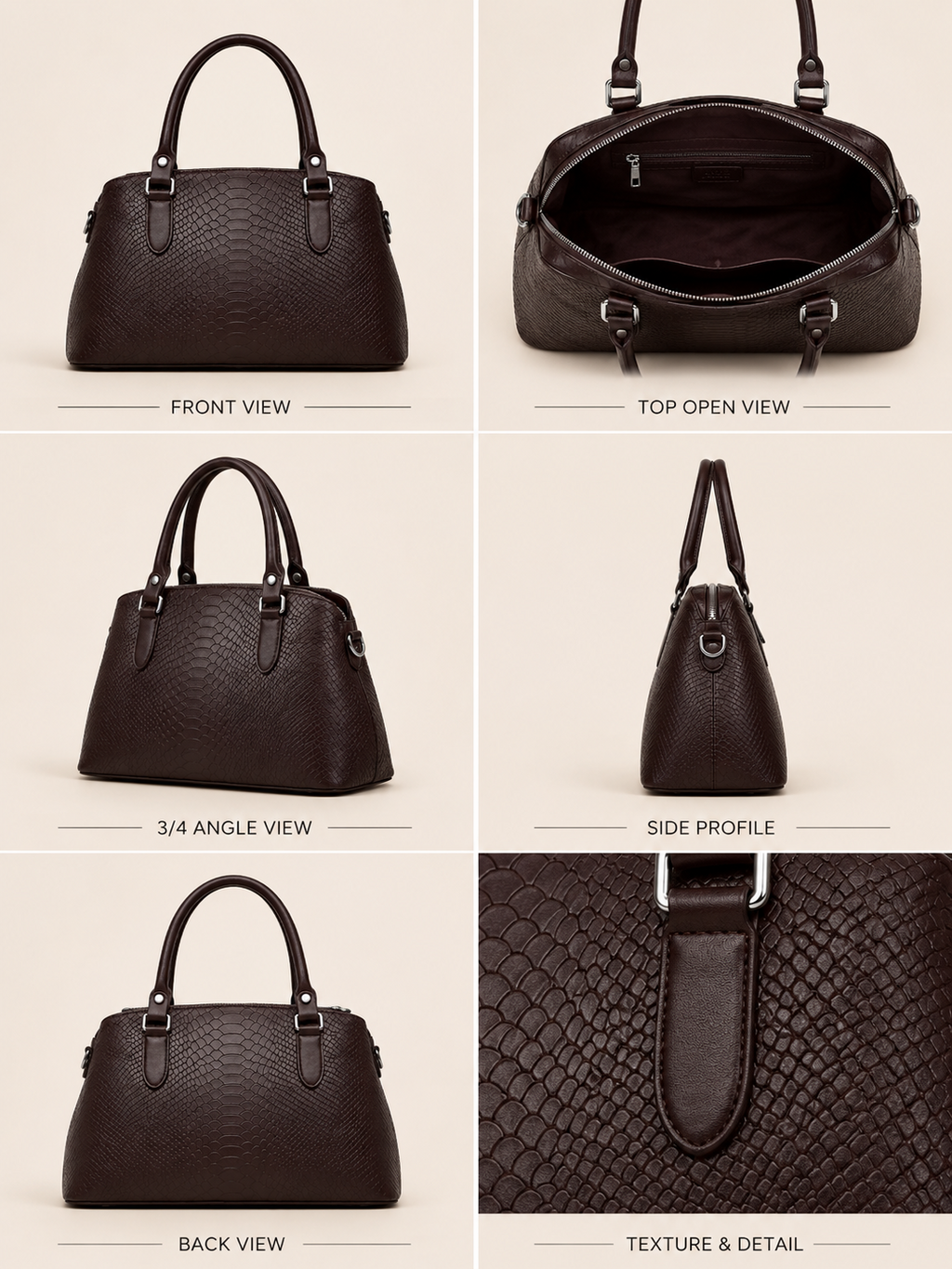 VL Kavron Luxury Dome Handbag | Premium Espresso Snakeskin Tote