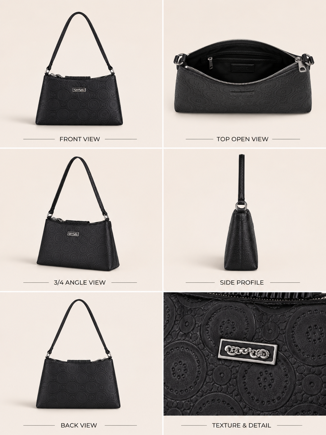 VL Noireva Luxury Shoulder Bag | Premium Embossed Black Baguette Handbag