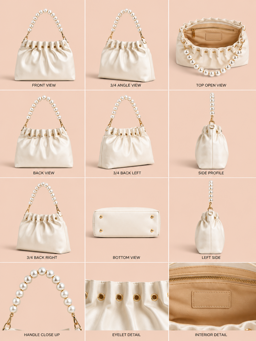 VL Eira Pearl Luxury Handbag | Premium Cream Ruched Clutch Shoulder Bag