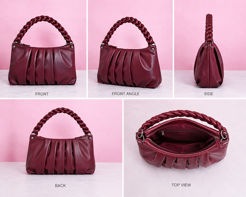 VL Avelyn Luxury Ruched Handbag | Premium Burgundy Braided Top-Handle Bag
