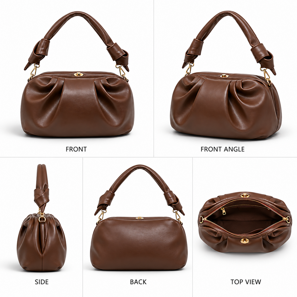VL Rovelle Luxury Ruched Handbag | Premium Chocolate Brown Knotted Shoulder Bag