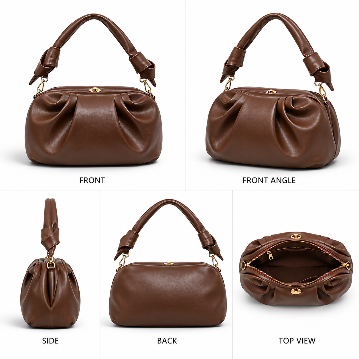 VL Rovelle Luxury Ruched Handbag | Premium Chocolate Brown Knotted Shoulder Bag