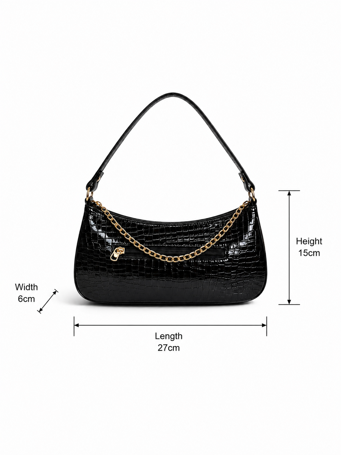 VL Nyxara Luxury Baguette Handbag | Premium Black Croc Shoulder Bag