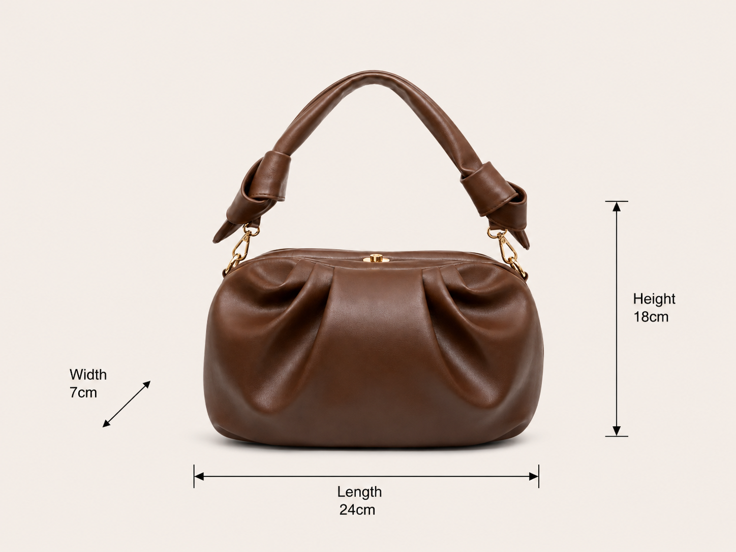 VL Rovelle Luxury Ruched Handbag | Premium Chocolate Brown Knotted Shoulder Bag
