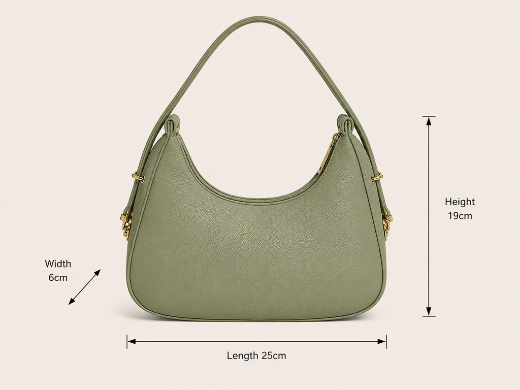 VL Thalassa Luxury Crescent Bag | Premium Sage Green Pebbled Leather Shoulder Bag