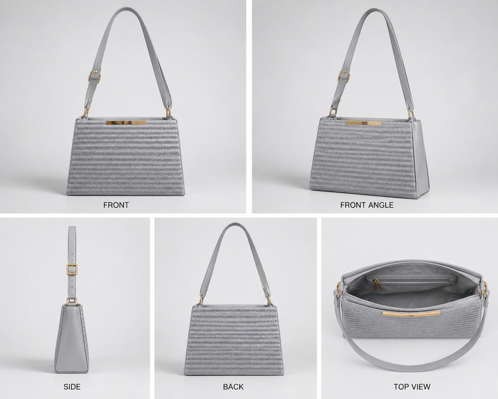 VL Silverea Luxury Shoulder Bag | Premium Silver-Grey Ridged Shimmer Handbag