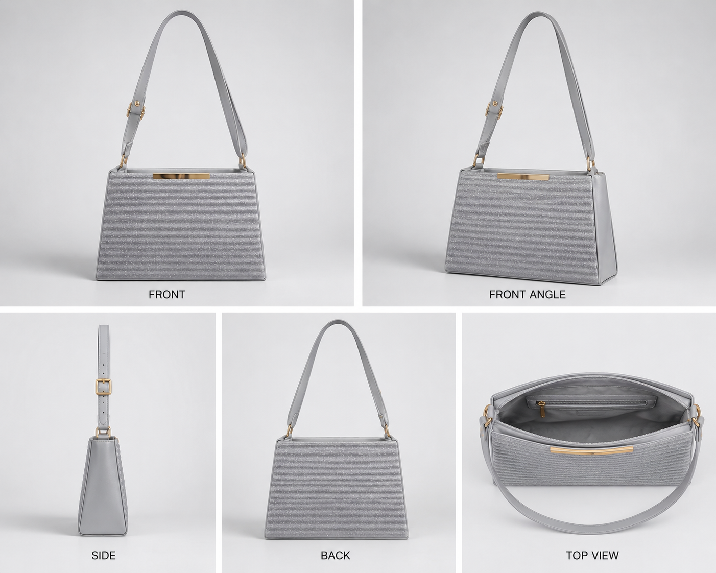 VL Silverea Luxury Shoulder Bag | Premium Silver-Grey Ridged Shimmer Handbag
