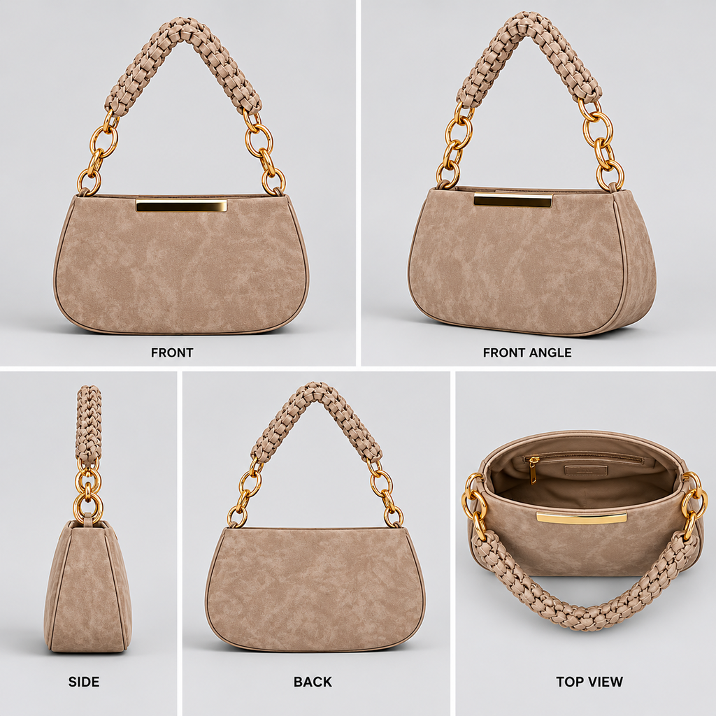 VL Moirelle Luxury Shoulder Bag | Premium Taupe Woven Handle Saddle Handbag