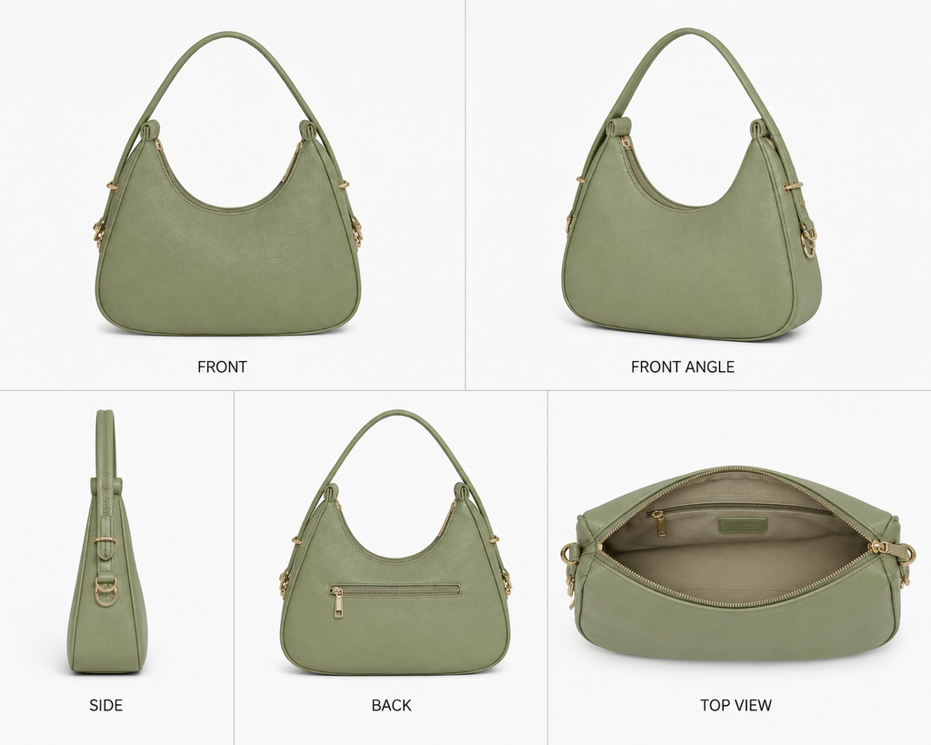 VL Thalassa Luxury Crescent Bag | Premium Sage Green Pebbled Leather Shoulder Bag